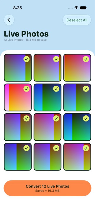 Live Photos grid with twelve selected and a button to convert them, saving about 16.3 MB.