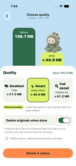 Choose quality screen comparing 186.7 MB before with about 40.9 MB after, with three quality options.
