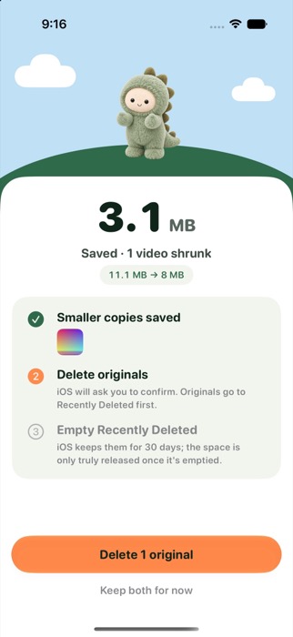 Done screen: 3.1 MB saved, smaller copies saved, with buttons to delete 1 original or keep both for now.